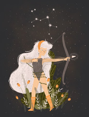 Sagittarius zodiac sign illustration. Portrait of a strong warrior woman with bow and arrow. constellation