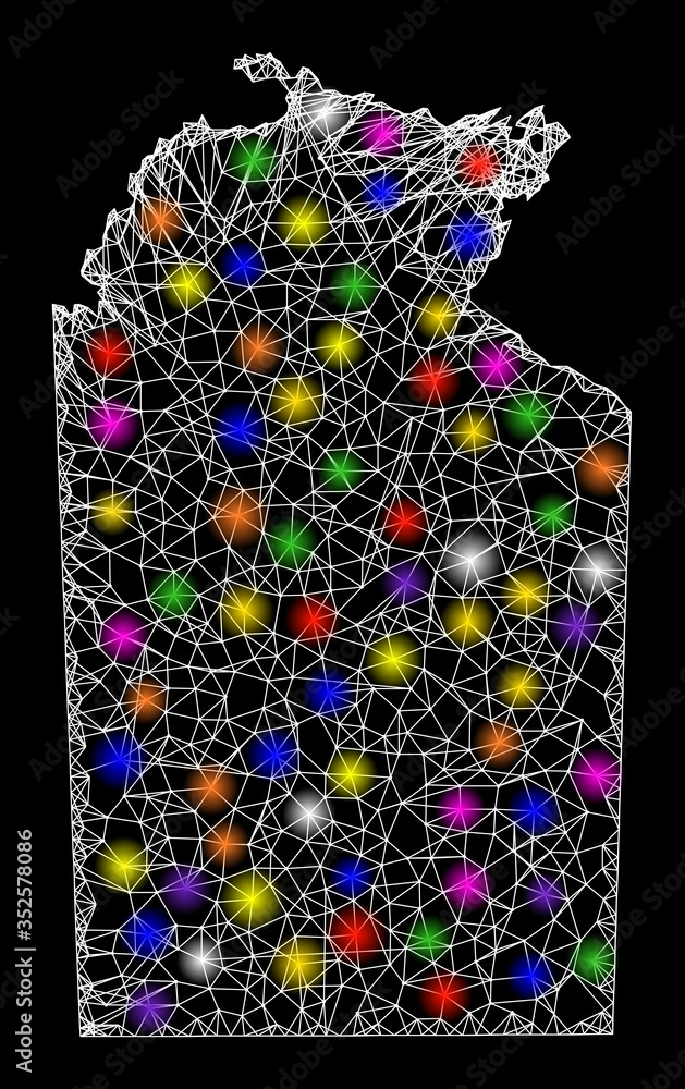 Poster web mesh vector map of australian northern territory with glare effect on a black background. abstra