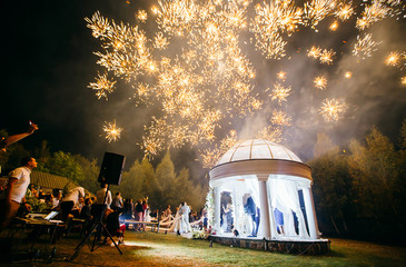 The couple and the wedding guests watch the fireworks. Wedding arch and evening ceremony.