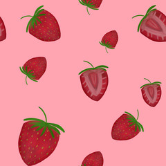 seamless pattern with red strawberries on red background. hand drawing. Summer print. Sweets, dessert, packaging, wallpaper, textile, fabric design