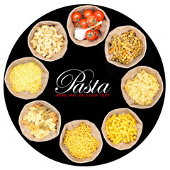 Pasta of different varieties in hosiery bags. Close-up. Isolated background. Concept for food advertising with copy space for individual text.
