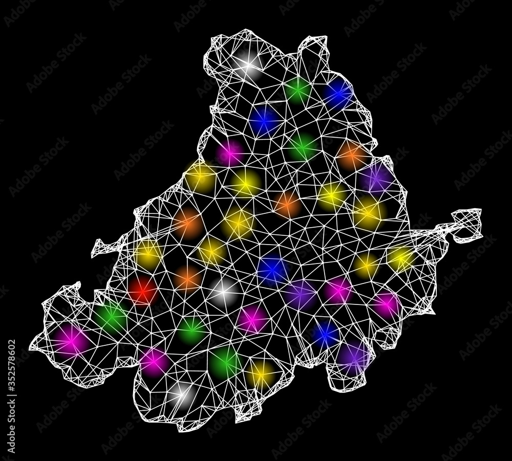 Poster web mesh vector map of avila province with glare effect on a black background. abstract lines, light