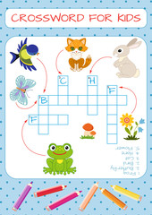 Mini-game: crossword for children. Learning English words. Set of funny characters: mouse, frog, butterfly, hare, tit, flower. Vector illustration for kids.