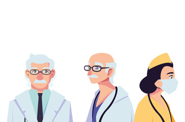 female and male doctors with uniforms and masks vector design