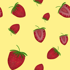 red ripe strawberries on yellow background. Summer colorful seamless pattern. Sweet, cooking, berry print, packaging, wallpaper, textile, fabric design