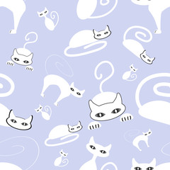 Seamless repeating pattern of a white cat in various poses on a lilac pale background. Surface pattern design, tile, wallpaper, fabric.