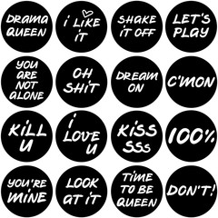 Fototapeta na wymiar Funny stickers set in vector, lettering in round shapes labels for web, messengers, banners, prints, t-shirt design elements. Funny and flirty phrases for everyday communication with friends