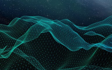 Fototapeta premium Abstract landscape on a dark background. Cyberspace grid. hi tech network. Outer space. Starry outer space texture. 3D illustration
