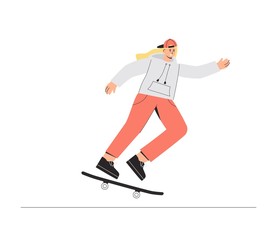 Young happy smiling Girl skateboarder rides a skateboard. Vector illustration in a flat style on a white background.