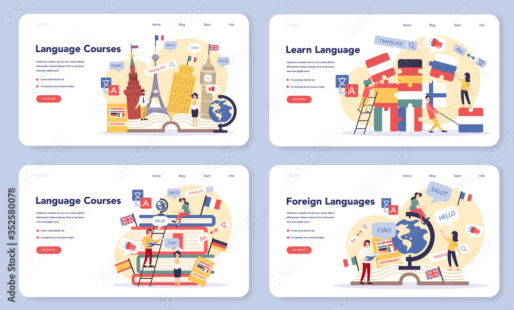 Poster language learning web banner or landing page set. study foreign