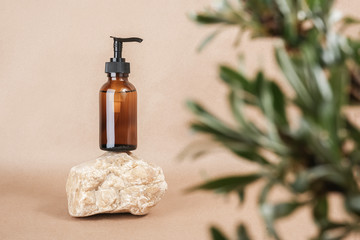 Brown glass bottle with pump of cosmetic products on stone framed by green leaves of branches, beige background. Natural Organic Spa Cosmetic Beauty Concept. Front view Mock up