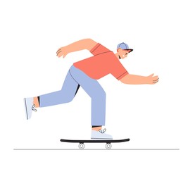 Young happy smiling boy skateboarder is riding on a skateboard. Vector illustration in flat style on white background.