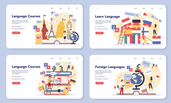 Language Learning Web Banner Or Landing Page Set. Study Foreign