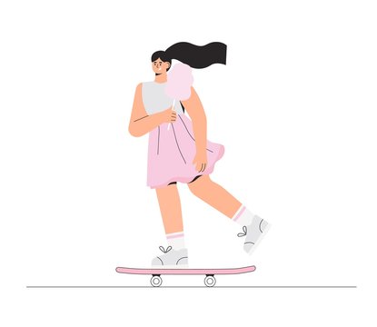 Young happy smiling Girl skateboarder in a dress and with cotton candy rides a skateboard. Vector illustration in a flat style on a white background.