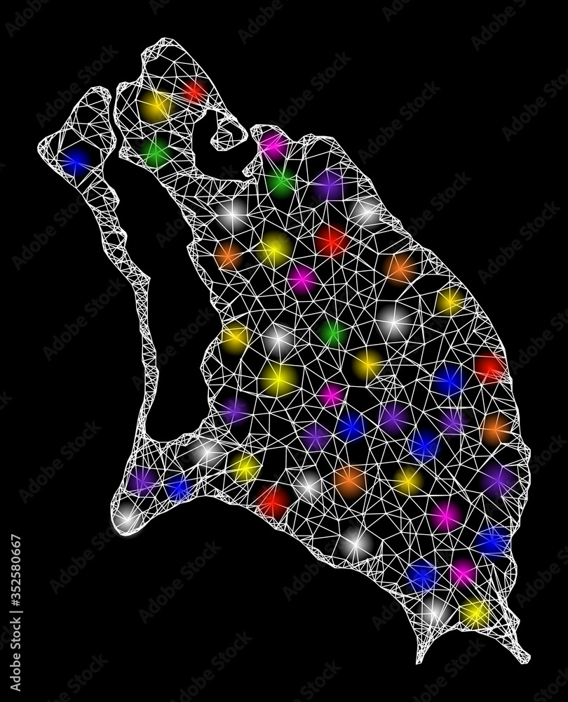 Poster web mesh vector map of barbuda island with glare effect on a black background. abstract lines, light