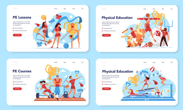 Physical education lesson school class web banner or landing page set.