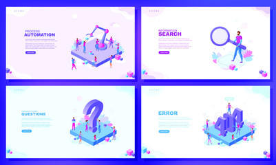 Trendy flat illustration. Set of web page concepts. 404 error page. Information search. Process automation. Frequently asked questions. Template for your design works. Vector graphics.