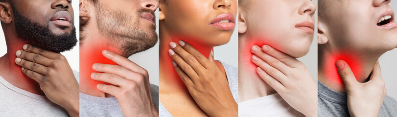 Collage Of Diverse People Having Throat Ache, Touching Inflamed Red Zone