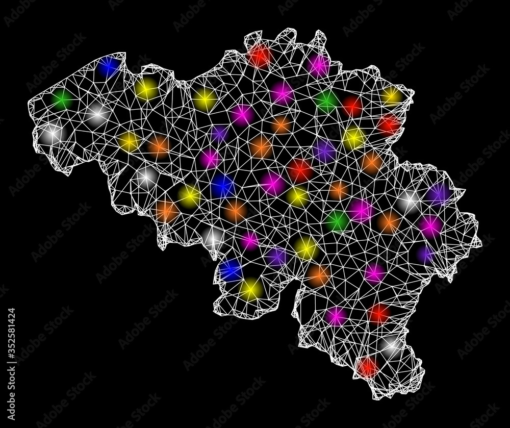 Poster web mesh vector map of belgium with glare effect on a black background. abstract lines, light spots 