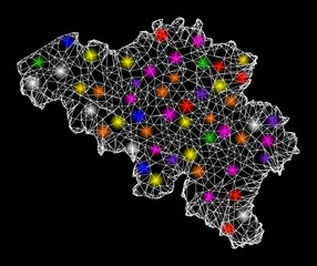 Web mesh vector map of Belgium with glare effect on a black background. Abstract lines, light spots and spheric points form map of Belgium constellation.