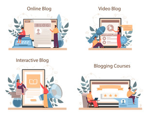 Blogger online service or platform set. Sharing media content