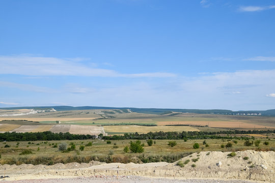 Crimean landscapes, driving on roads of Crimea. Suburbs and villages and fields and trails of The Crimea.