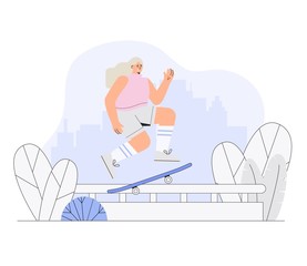 Obraz premium Girl skateboarder rides a skateboard on the background of a city park. Vector modern illustration in flat style.