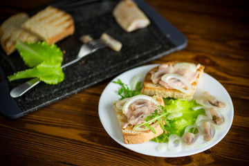 sandwich with salad, herring and herbs with onions in a plate