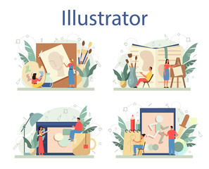 Graphic illustration designer, illustrator set. Artist drawing picture