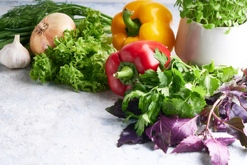 fresh vegetables on the table. Pepper, Basil, Parsley, Dill