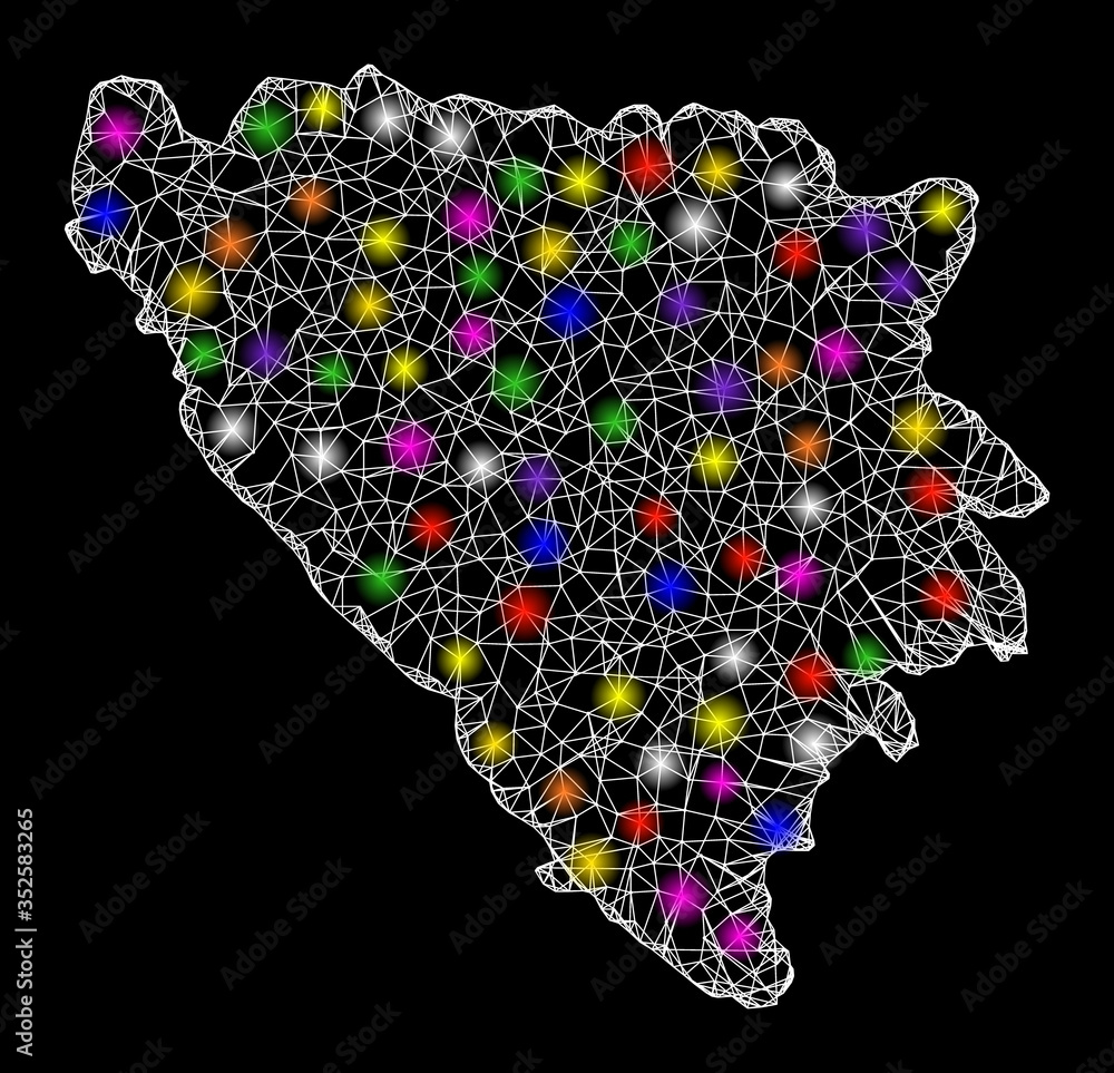 Poster web mesh vector map of bosnia and herzegovina with glare effect on a black background. abstract line
