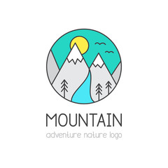 Mountain vector illustration icon. Nature, adventure, outdoor graphic colorful logo with text, simple doodle lines.  Isolated.