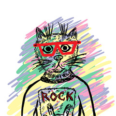 Cat with glasses and a t-shirt with the words rock drawn by hand. Doodle, sketch, scribble. Funny vector illustration.