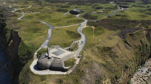 Aerial view of Pointe du Hoc on the coast of Normandy. famous World War II site