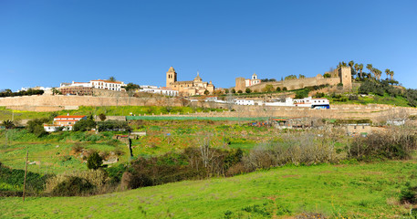 Fototapeta na wymiar Cityscape of Jerez de los Caballeros with the Templars castle, a famous and monumental town of Badajoz province in Extremadura, Spain