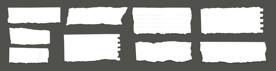 White ripped striped note, copybook, notebook paper stuck on light gray,black background.