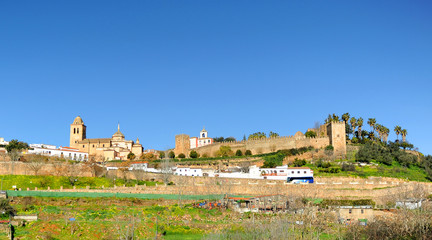 Fototapeta na wymiar Cityscape of Jerez de los Caballeros with the Alcazaba castle, a famous and monumental town of Badajoz province in Extremadura, Spain