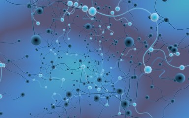 Obraz premium Neural network. Social network. Futuristic blue background. Abstract molecule, cell illustration, mycelium. Hi tech purple background. 3D illustration