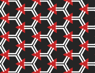 Seamless geometric pattern, texture or background vector in black, red, white colors.