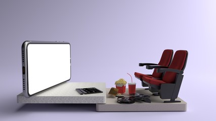 Movie from home. Smartphone white screen with objects in front of, Chair watching movies, popcorn, film rolls and movie tickets. Concepts, Isolated on violet background, illustration,3D rendering.