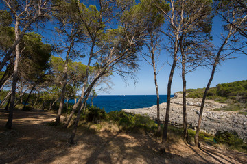 Fototapeta na wymiar Cala Mondrago is a small beach situated within Mondrago National Park in the south east corner of Mallorca. Mallorca island, Spain.