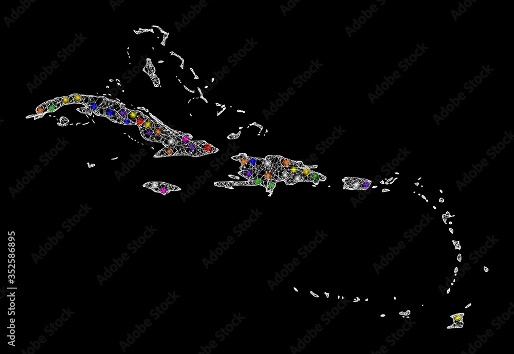 Poster web mesh vector map of caribbean islands with glare effect on a black background. abstract lines, li