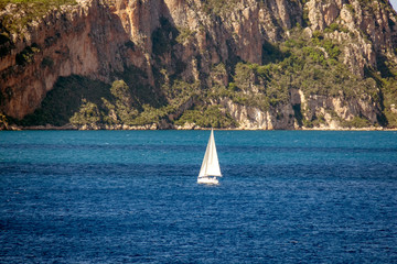 a lone sail on the blue sea