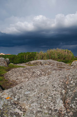 Storm, dark blue clouds. Green Bushes. Large stones in the foreground