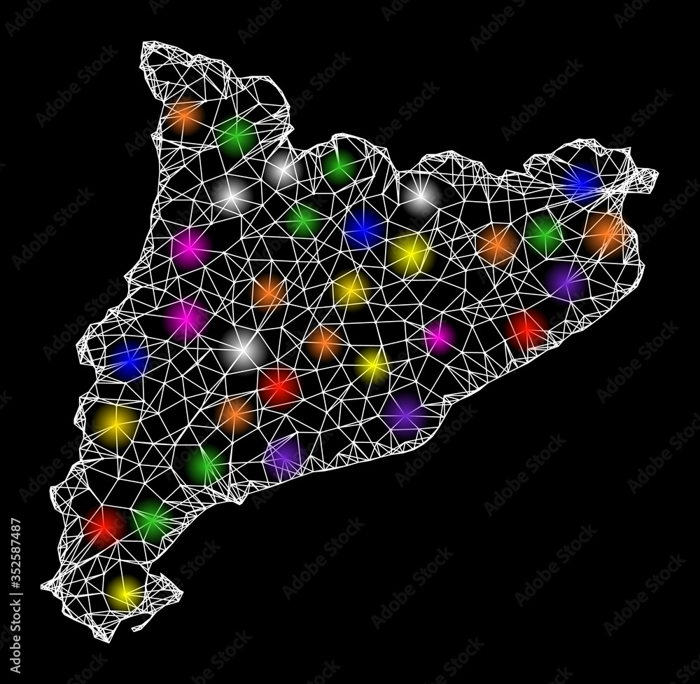 Poster web mesh vector map of catalonia with glitter effect on a black background. abstract lines, light sp