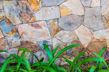 Beautiful background of closeup brown gray sanded stone wall with green grass. With copy space ideal for use in the design or wallpaper