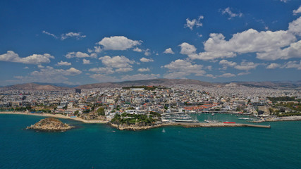 Fototapeta na wymiar Aerial drone photo of famous round port of Mikrolimano in urban seascape of Piraeus, Attica, Greece
