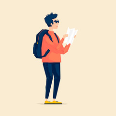 Man holds a map, travel. Flat illustration in cartoon style. Vector.