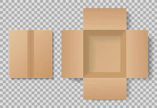 Cardboard box top view for delivery. Open and closed carton package mockup for gift. Empty realistic brown container with inside view. Paper parcel template on isolated background. Design vector.