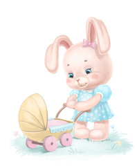 pink rabbit with a baby carriage isolated on white